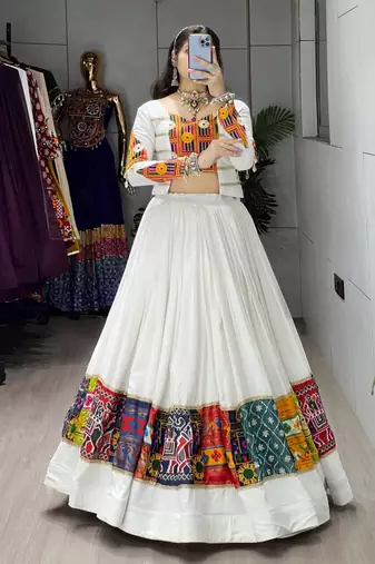WHITE RAYON COTTON EMBROIDERY  SEMI STICHED NAVRATRI CHANIYA CHOLI