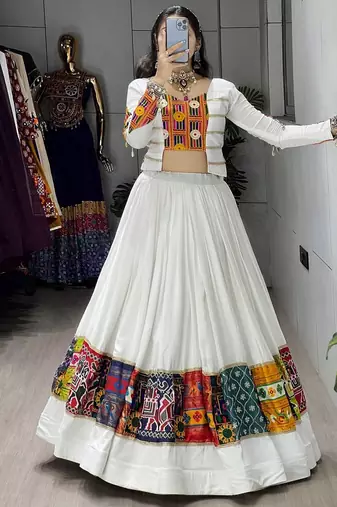 WHITE RAYON COTTON EMBROIDERY  SEMI STICHED NAVRATRI CHANIYA CHOLI