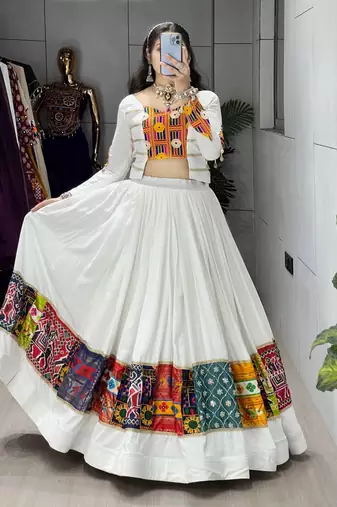 WHITE RAYON COTTON EMBROIDERY  SEMI STICHED NAVRATRI CHANIYA CHOLI
