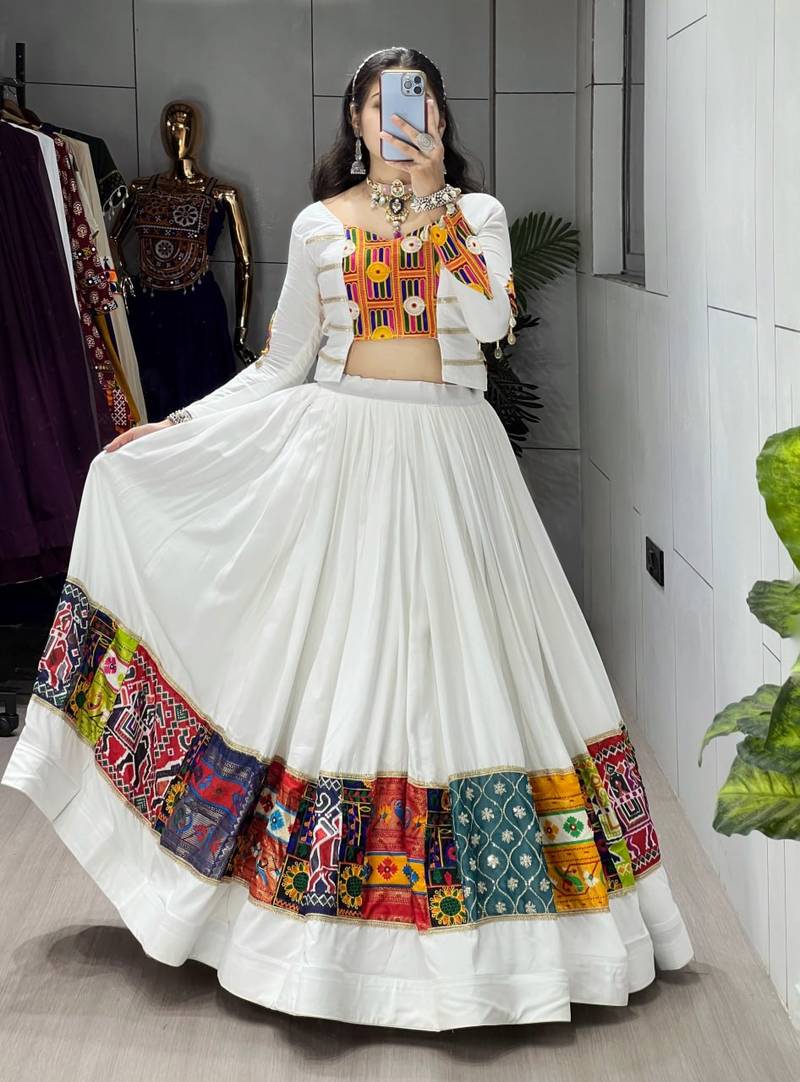 WHITE RAYON COTTON EMBROIDERY  SEMI STICHED NAVRATRI CHANIYA CHOLI
