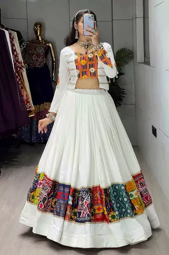 WHITE RAYON COTTON EMBROIDERY  SEMI STICHED NAVRATRI CHANIYA CHOLI