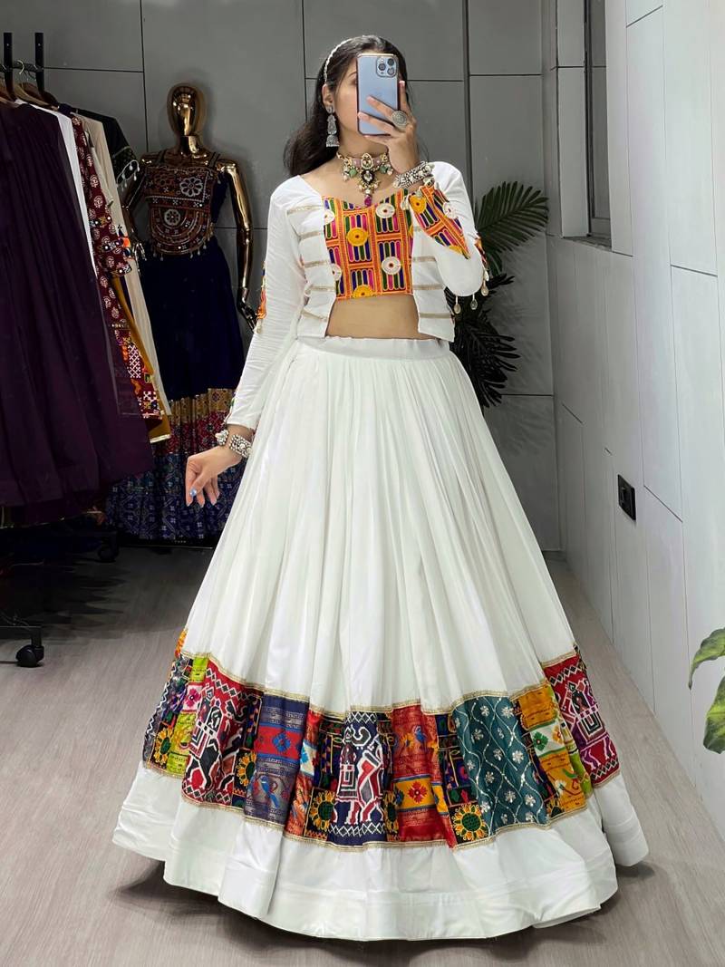 WHITE RAYON COTTON EMBROIDERY  SEMI STICHED NAVRATRI CHANIYA CHOLI