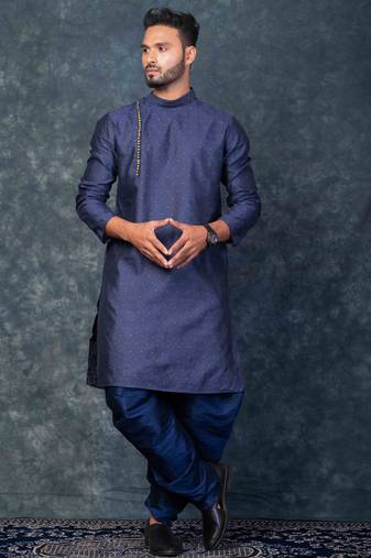 navy blue  kurta dhoti  set for men with embroidered work