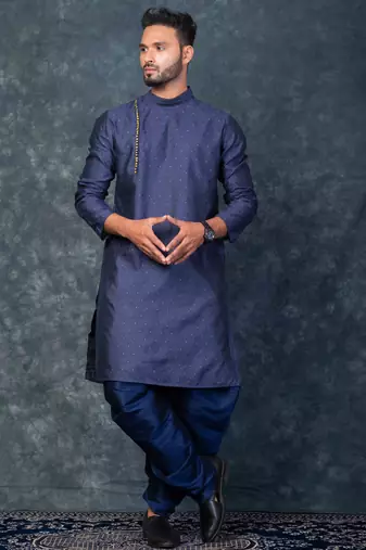 navy blue  kurta dhoti  set for men with embroidered work