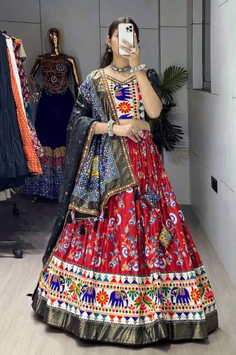 RED SILK EMBROIDERY NAVRATRI CHANIYA CHOLI- full stitched free size
