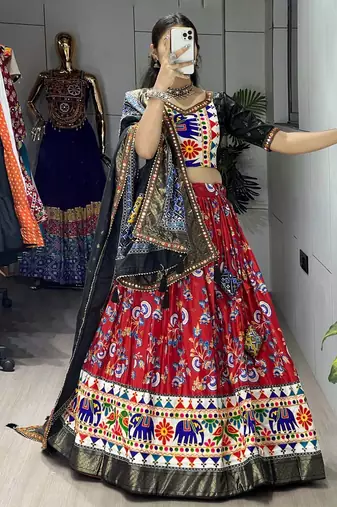 RED SILK EMBROIDERY NAVRATRI CHANIYA CHOLI- full stitched free size