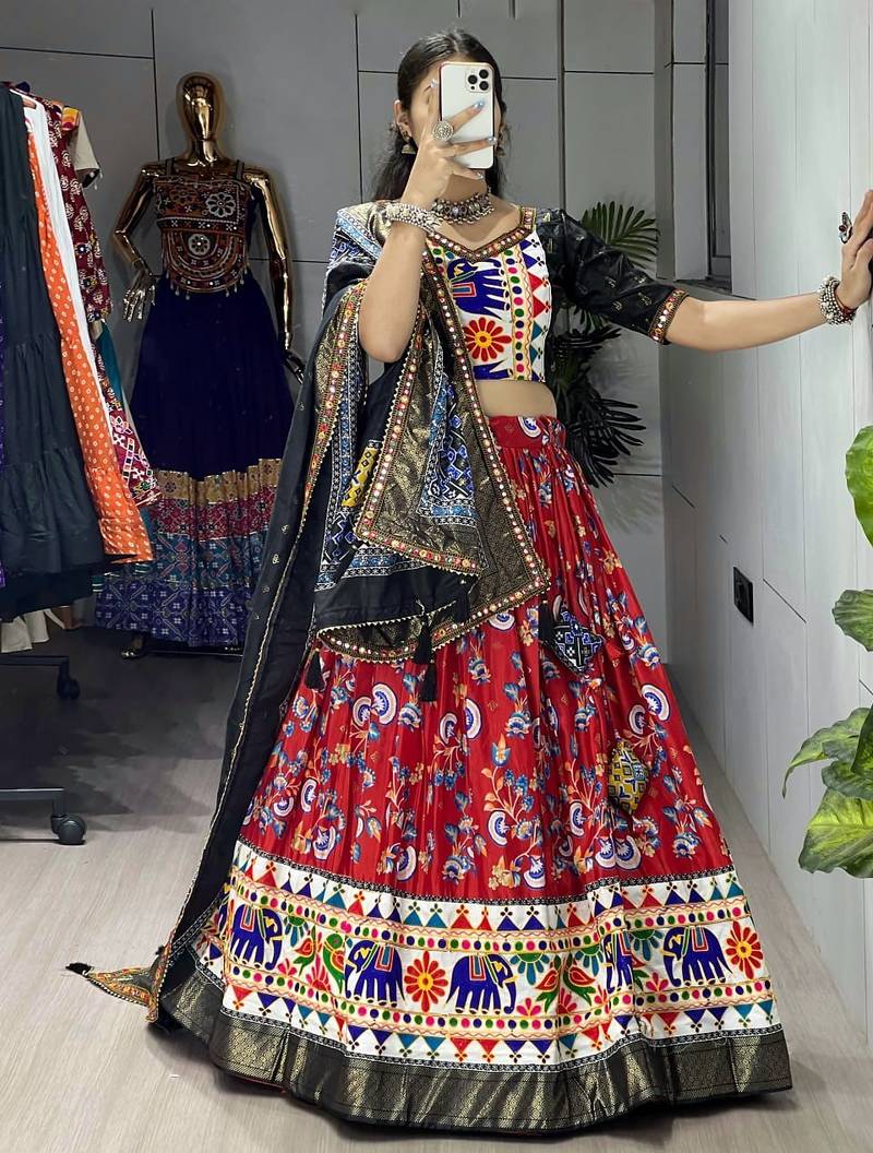 RED SILK EMBROIDERY NAVRATRI CHANIYA CHOLI- full stitched free size