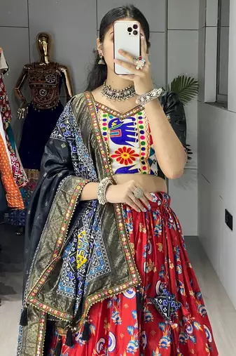 RED SILK EMBROIDERY NAVRATRI CHANIYA CHOLI- full stitched free size