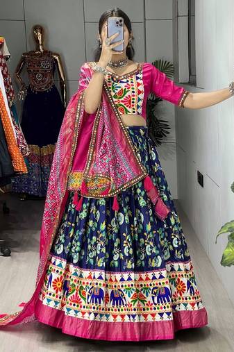 BLUE SILK EMBROIDERY NAVRATRI CHANIYA CHOLI- full stitched free size