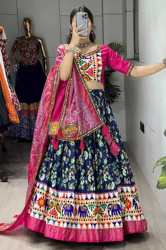 BLUE SILK EMBROIDERY NAVRATRI CHANIYA CHOLI- full stitched free size