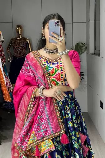 BLUE SILK EMBROIDERY NAVRATRI CHANIYA CHOLI- full stitched free size