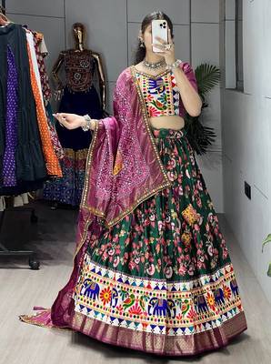 GREEN  SILK EMBROIDERY NAVRATRI CHANIYA CHOLI- full stitched free size 1