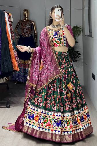GREEN  SILK EMBROIDERY NAVRATRI CHANIYA CHOLI- full stitched free size