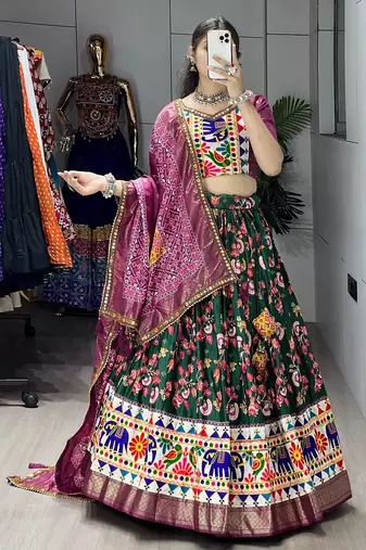 GREEN  SILK EMBROIDERY NAVRATRI CHANIYA CHOLI- full stitched free size
