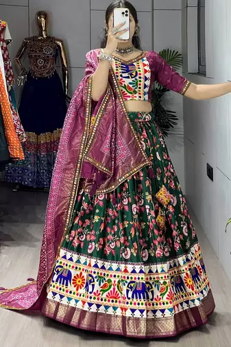 GREEN  SILK EMBROIDERY NAVRATRI CHANIYA CHOLI- full stitched free size