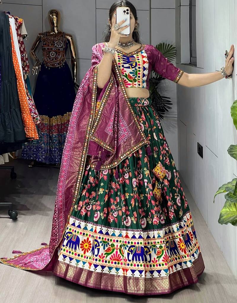 GREEN  SILK EMBROIDERY NAVRATRI CHANIYA CHOLI- full stitched free size