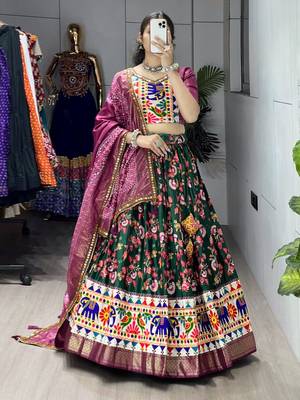 GREEN  SILK EMBROIDERY NAVRATRI CHANIYA CHOLI- full stitched free size 3