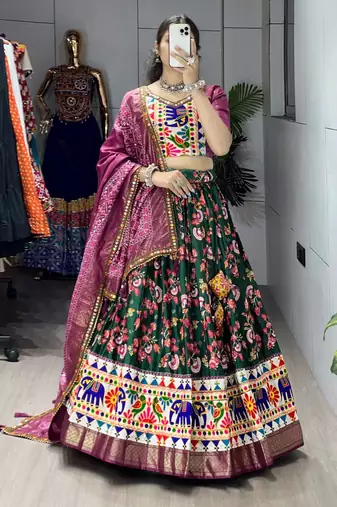GREEN  SILK EMBROIDERY NAVRATRI CHANIYA CHOLI- full stitched free size