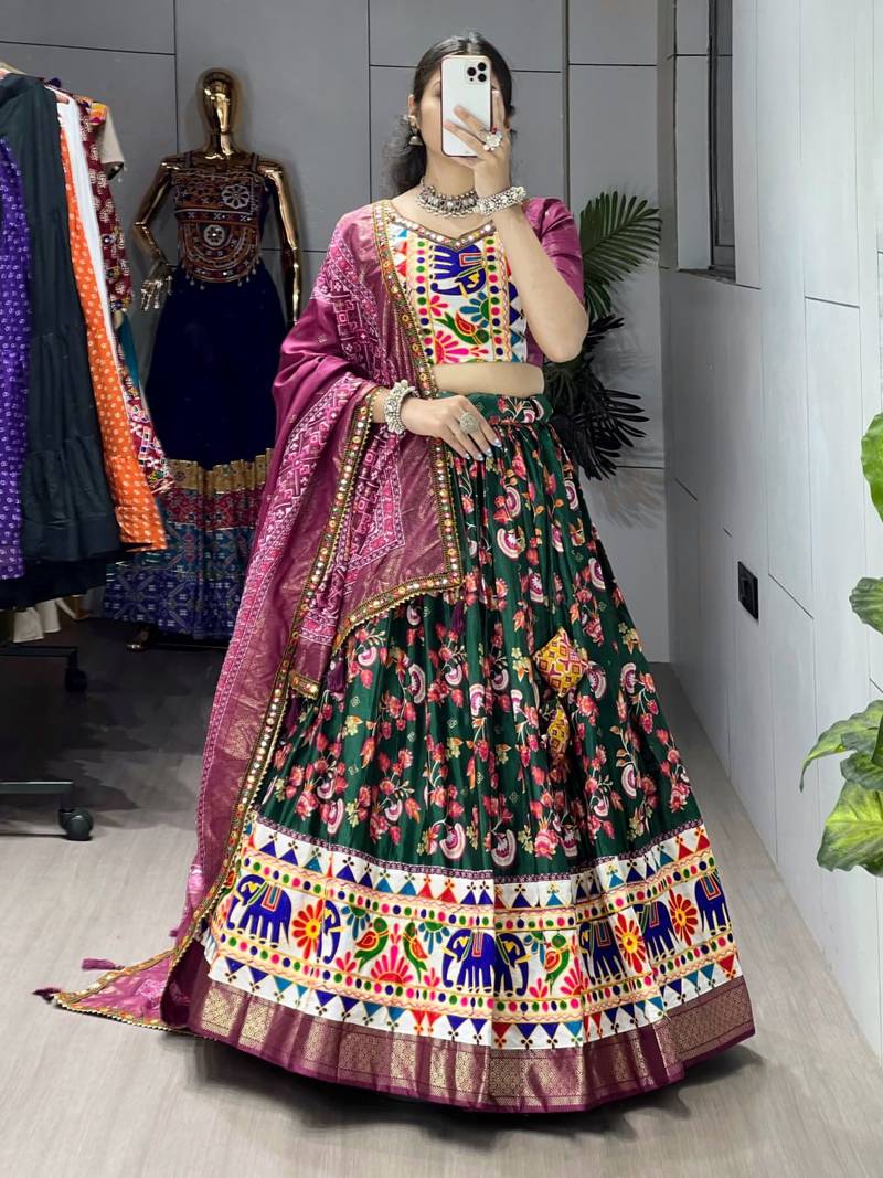 GREEN  SILK EMBROIDERY NAVRATRI CHANIYA CHOLI- full stitched free size