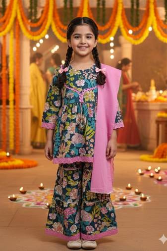 Olive floral kurta sharara set