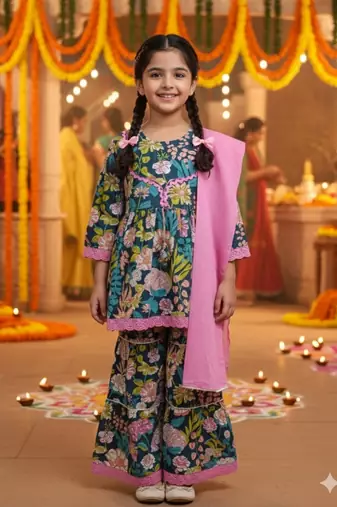 Olive floral kurta sharara set