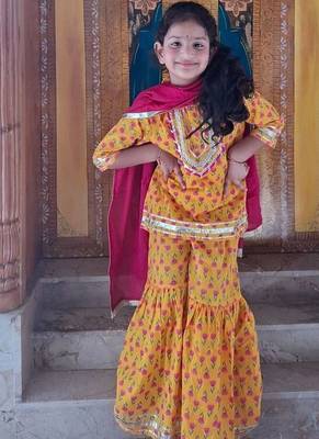 Yellow screen print kurta sharara 1