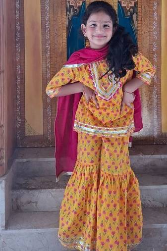 Yellow screen print kurta sharara