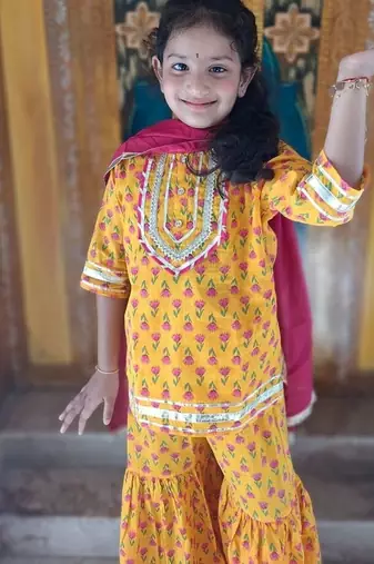 Yellow screen print kurta sharara