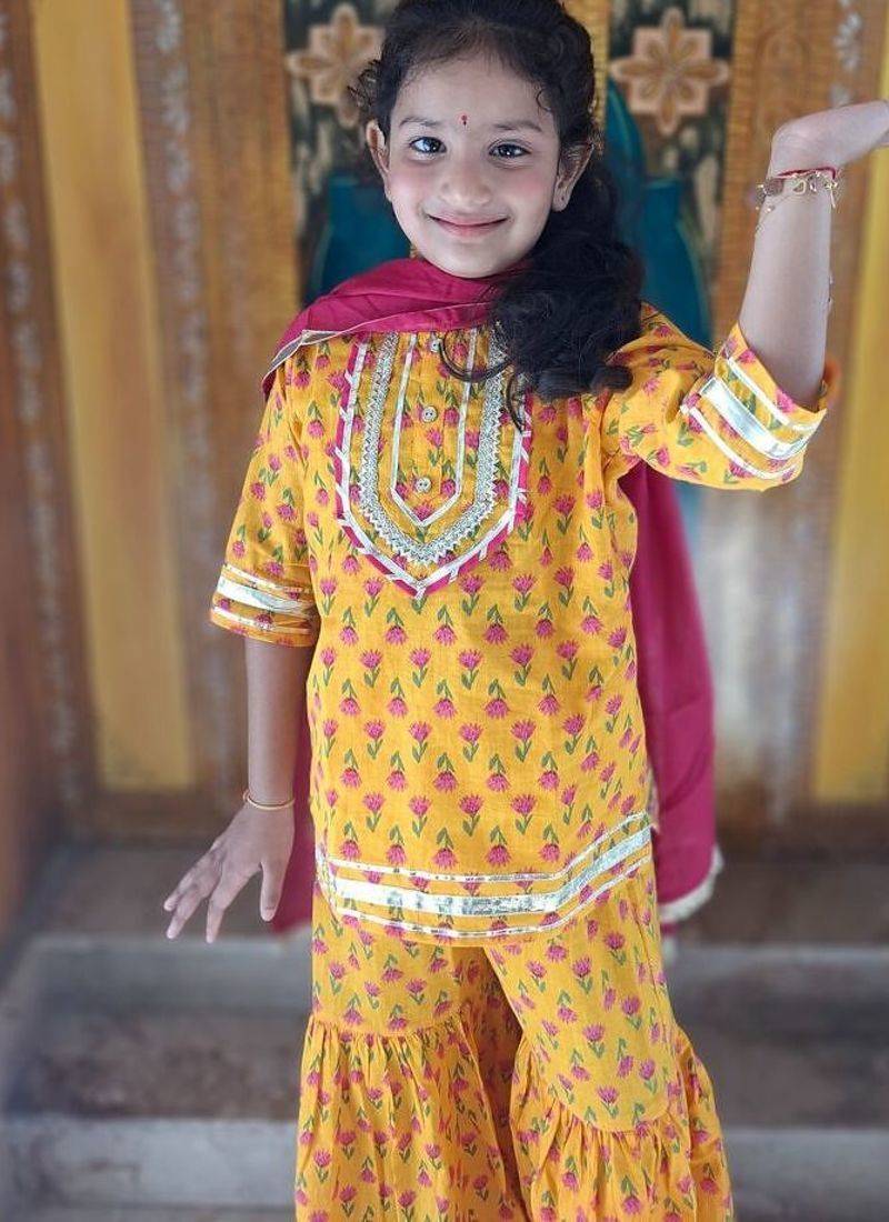 Yellow screen print kurta sharara