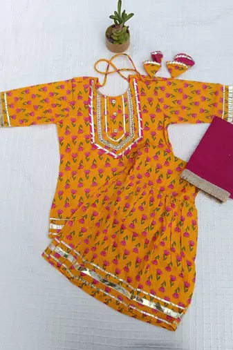 Yellow screen print kurta sharara