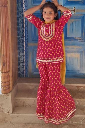 Pink screen print kurta sharara