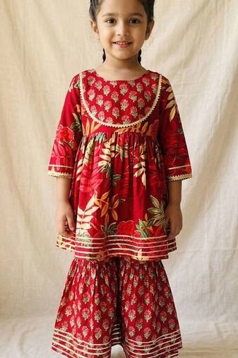 Maroon block print anarkali set