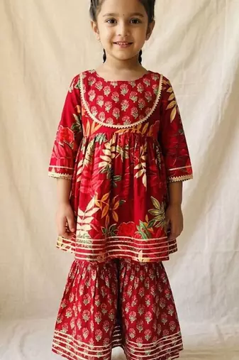 Maroon block print anarkali set