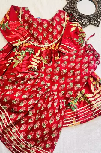 Maroon block print anarkali set