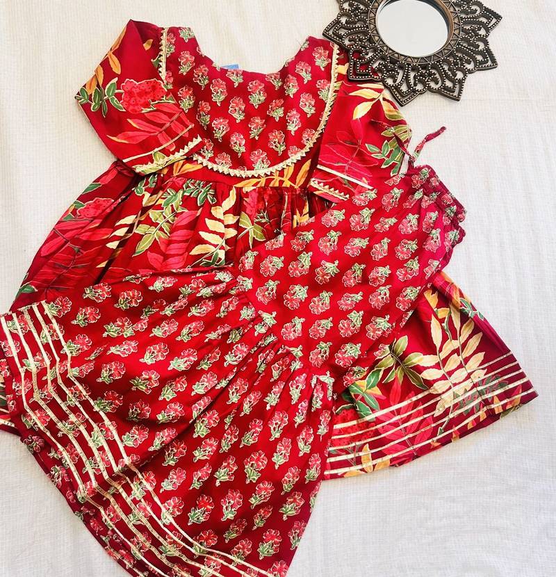 Maroon block print anarkali set