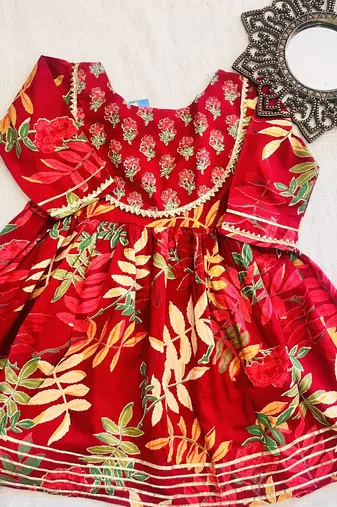 Maroon block print anarkali set