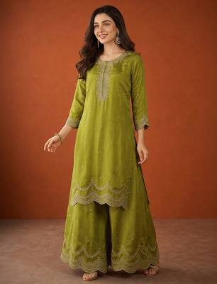 Embroidery Vichitra Silk Fabric Straight Kurta Sharara and Dupatta Set 1