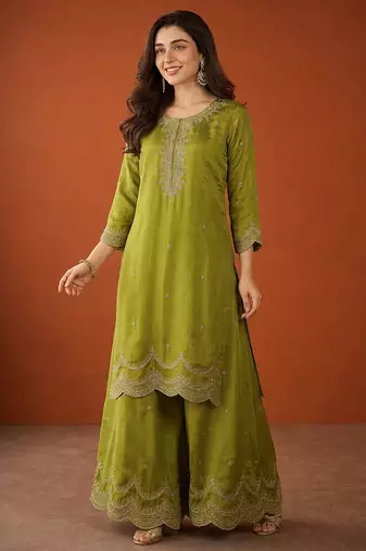 Embroidery Vichitra Silk Fabric Straight Kurta Sharara and Dupatta Set