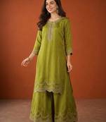 Embroidery Vichitra Silk Fabric Straight Kurta Sharara and Dupatta Set