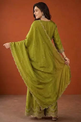 Embroidery Vichitra Silk Fabric Straight Kurta Sharara and Dupatta Set