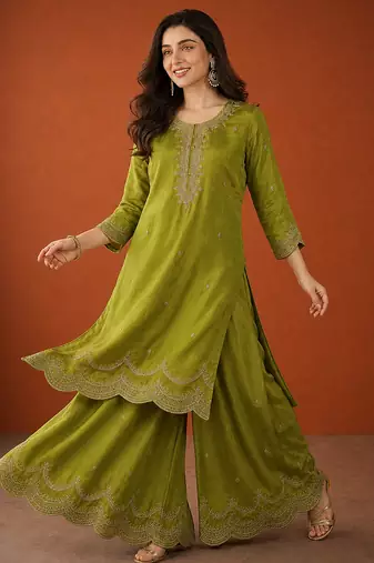 Embroidery Vichitra Silk Fabric Straight Kurta Sharara and Dupatta Set