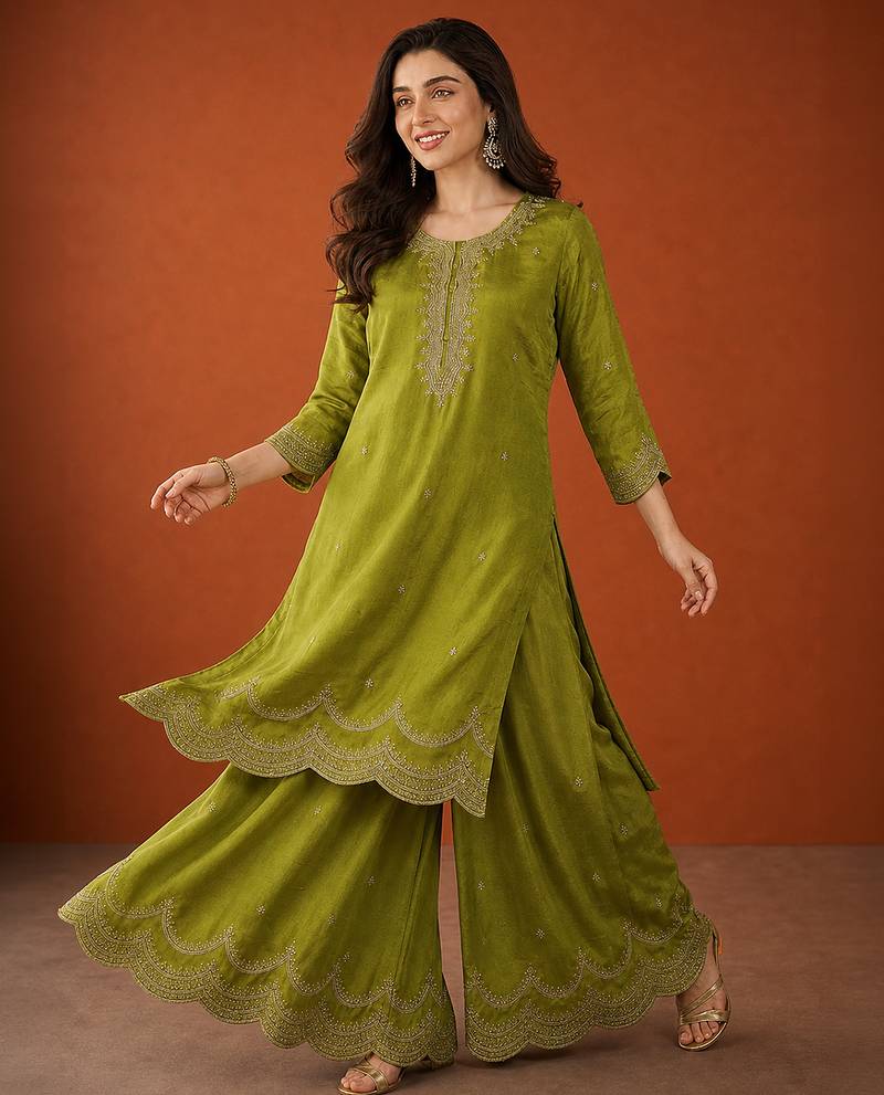 Embroidery Vichitra Silk Fabric Straight Kurta Sharara and Dupatta Set