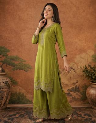 Embroidery Vichitra Silk Fabric Straight Kurta Sharara and Dupatta Set 5