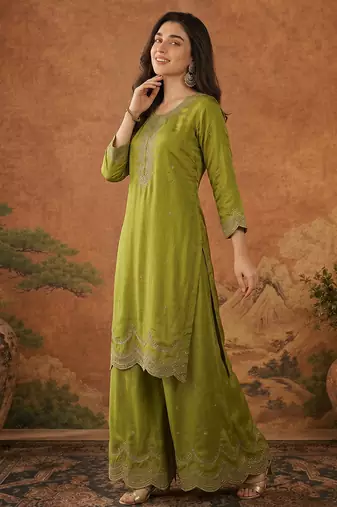 Embroidery Vichitra Silk Fabric Straight Kurta Sharara and Dupatta Set