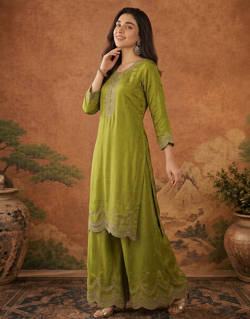 Embroidery Vichitra Silk Fabric Straight Kurta Sharara and Dupatta Set