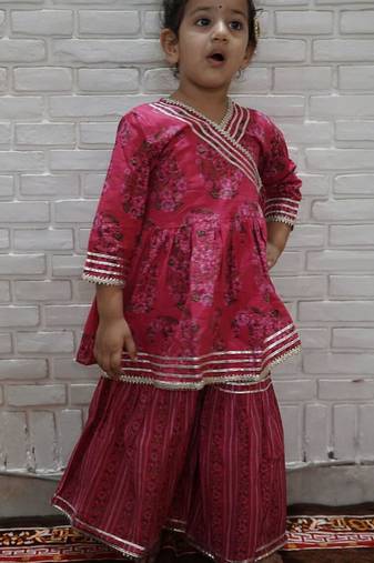 Pink block print anarkali set