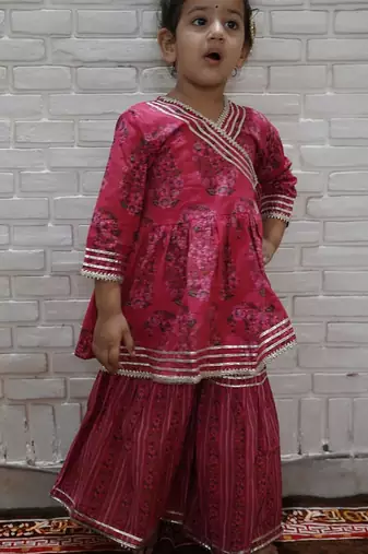 Pink block print anarkali set