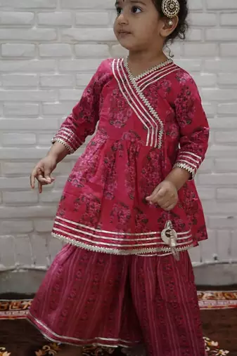 Pink block print anarkali set