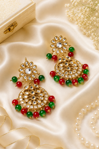 Traditional Kundan Beaded Chand Earrings