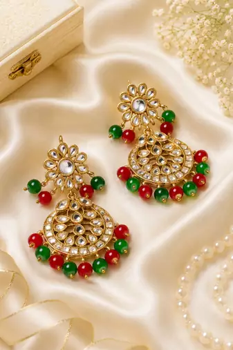 Traditional Kundan Beaded Chand Earrings